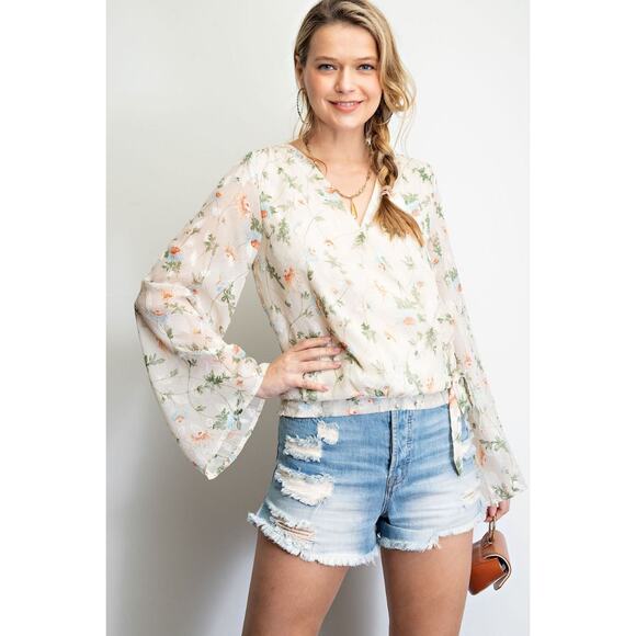 Easel Floral Print Boho Surplice Ivory Chiffon Blouse Tie Waist Long Sleeves, S - Picture 3 of 5